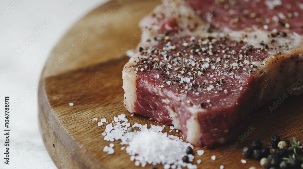Fresh Cut Steak with Spices on Wooden Board Fresh Cut Steak with Spices on Wooden Board