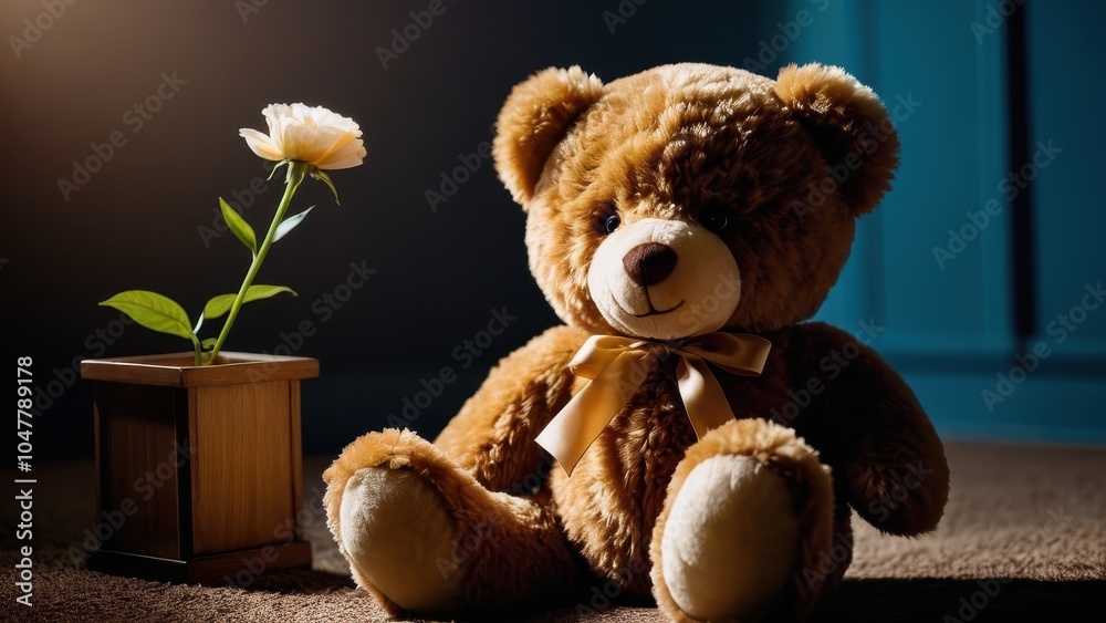 Obraz premium Teddy bear with a flower, a heartfelt symbol of love and care, making it a wonderful gift for loved ones on special days.