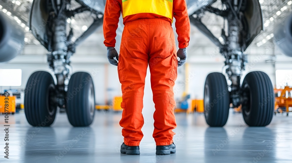Close up view of an engineer inspecting the landing gear of a commercial aircraft in a brightly lit repair hangar Close up view of an engineer inspecting the landing gear of a commercial aircraft in a brightly lit repair hangar