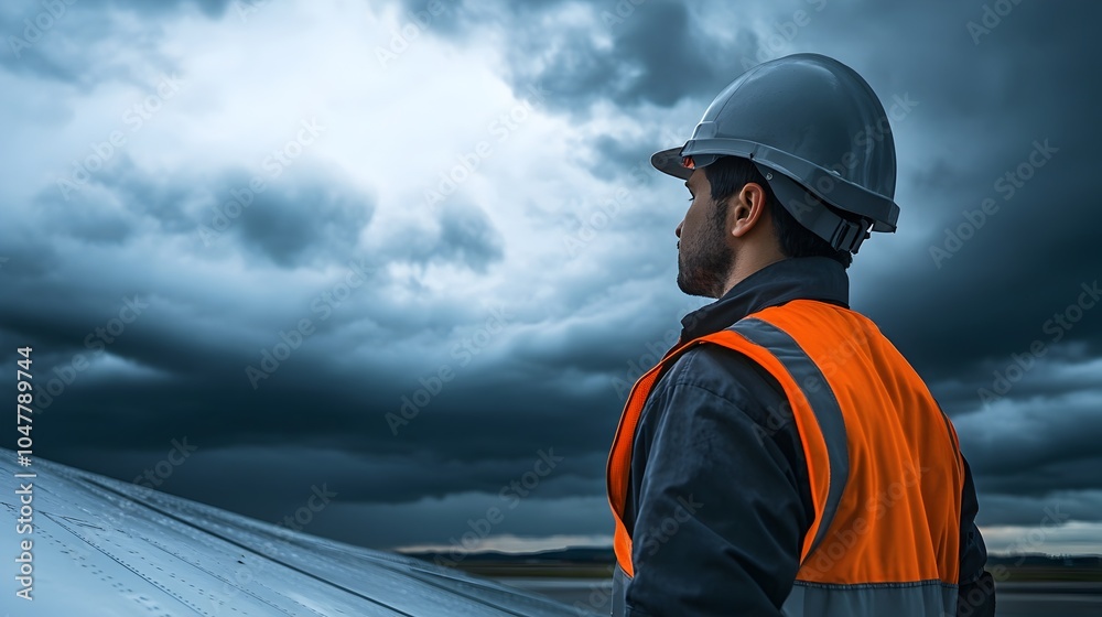 Skilled Mechanic Inspecting and Repairing the Wing of a Large Aircraft Amidst Dramatic Stormy Weather with Ominous Clouds in the Background Skilled Mechanic Inspecting and Repairing the Wing of a Large Aircraft Amidst Dramatic Stormy Weather with Ominous Clouds in the Background