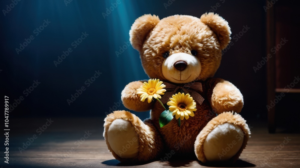 Obraz premium Teddy bear with a flower, capturing a soft and loving vibe, ideal for birthdays, anniversaries, or simply to show someone you care.