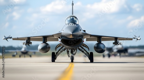 Wide angle view of a military airfield with technicians servicing and maintaining fighter jets on the tarmac under a clear blue sky