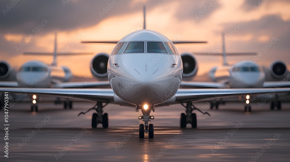 Fototapeta premium Technicians conducting a thorough pre flight inspection on a fleet of commercial jets with a wide angle view showing multiple planes lined up on the tarmac ready for takeoff