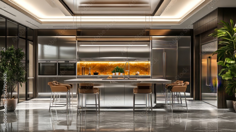 Beautiful kitchen in luxury home interior with island and stainless steel chairs. Modern kitchen. Ultra realistic. Photorealistic Beautiful kitchen in luxury home interior with island and stainless steel chairs. Modern kitchen. Ultra realistic. Photorealistic