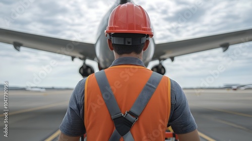 Wide angle view of a skilled mechanic standing on a scissor lift working on the tail of a large passenger jet aircraft with a full runway in the background at an airbase photo