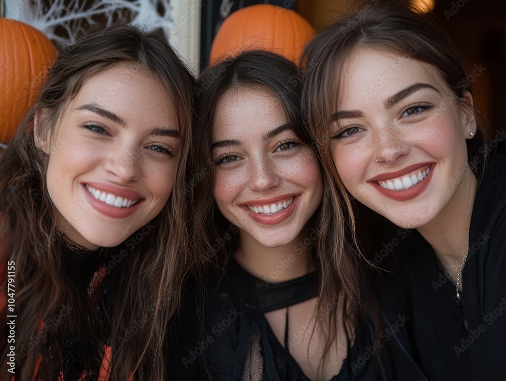 Happy Friends in Halloween Costumes with Pumpkins Happy Friends in Halloween Costumes with Pumpkins
