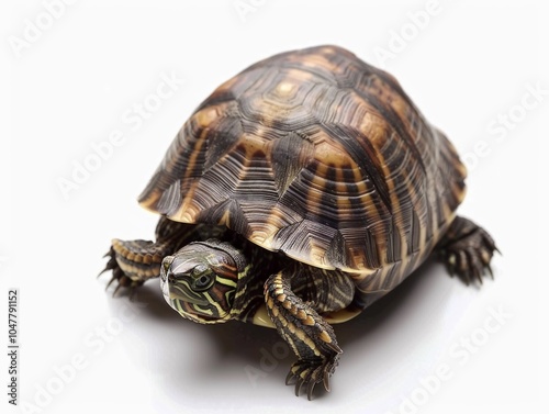 keeled box turtle remains stationary showcasing the distinct raised keel on its shell. The soft shadows enhance its unique patterns and colors. photo