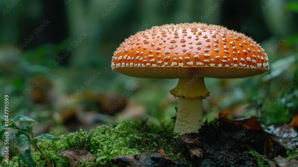 Fototapeta premium A red and white mushroom in a forest. This image can be used for projects related to nature, forest, or mushrooms.