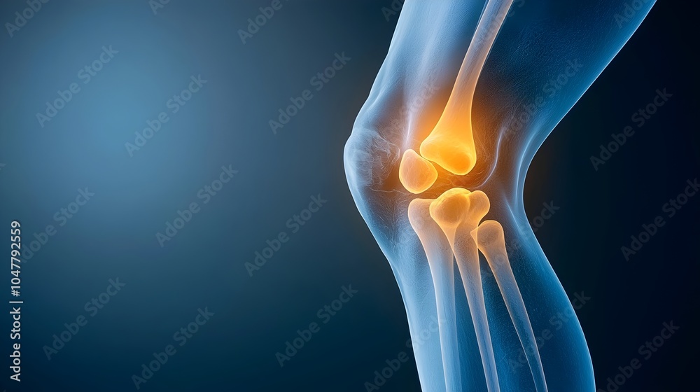 Detailed X Ray Image of the Knee Joint in Shades of Blue Highlighting the Skeletal Structure and Bright Yellow Glowing Ligaments Detailed X Ray Image of the Knee Joint in Shades of Blue Highlighting the Skeletal Structure and Bright Yellow Glowing Ligaments