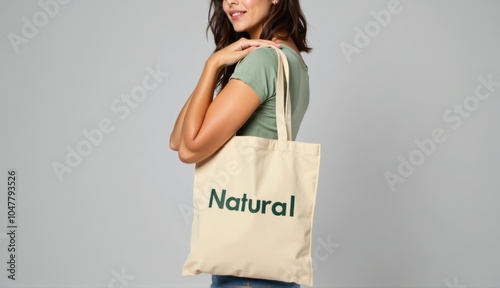 Woman with tote bag labeled “Natural” on shoulder, casual style, sustainable fashion concept. Generative, AI,