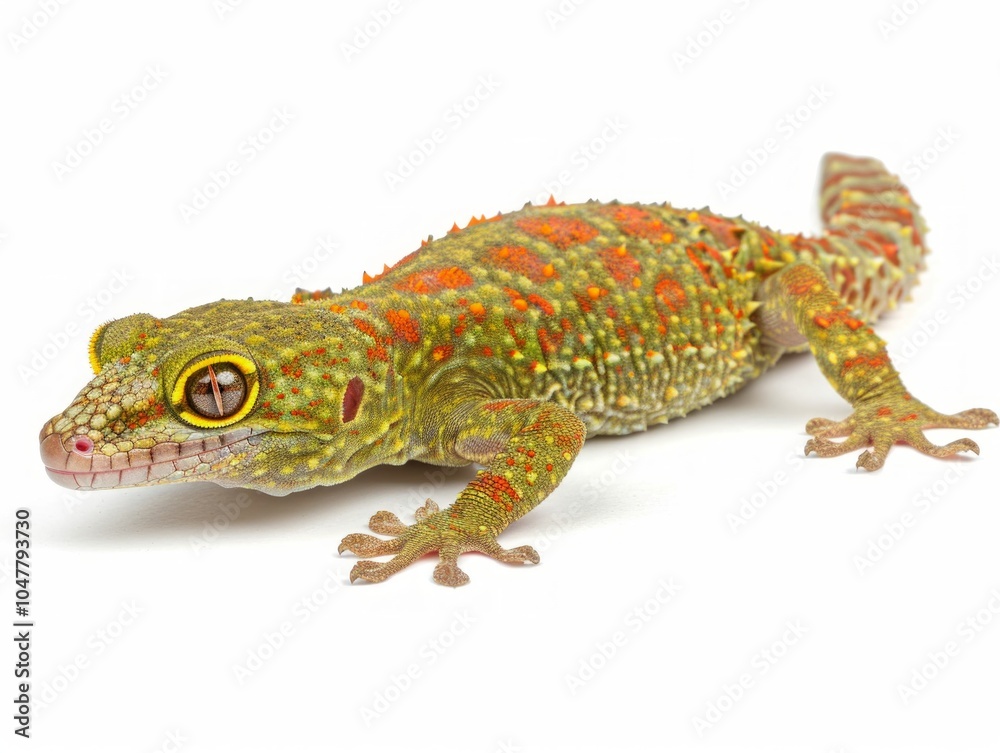 Madagascan Day Gecko clings to a surface showcasing its striking bright green skin and distinctive red markings. The vibrant colors are highlighted against a pure white backdrop. Madagascan Day Gecko clings to a surface showcasing its striking bright green skin and distinctive red markings. The vibrant colors are highlighted against a pure white backdrop.