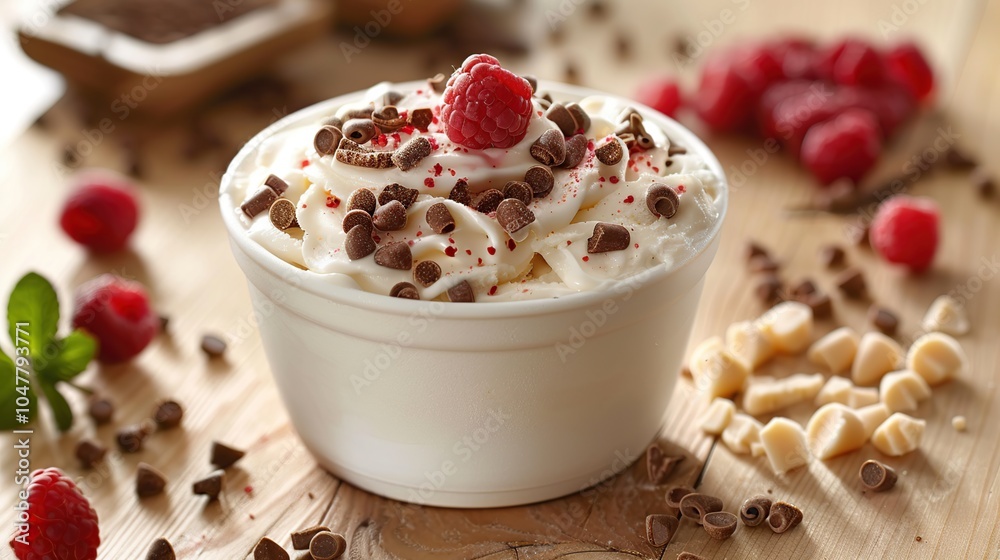 A bowl of white chocolate ice cream topped with chocolate chips and a raspberry. A bowl of white chocolate ice cream topped with chocolate chips and a raspberry.