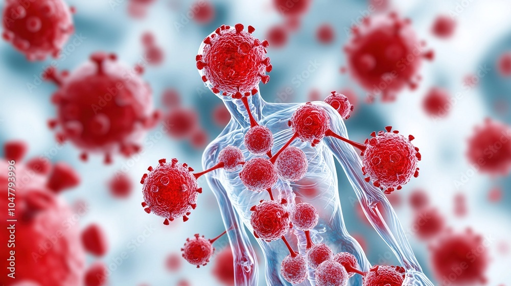 A digital illustration showing a human figure surrounded by red virus particles, symbolizing infection and the immune response in a stylized manner. A digital illustration showing a human figure surrounded by red virus particles, symbolizing infection and the immune response in a stylized manner.