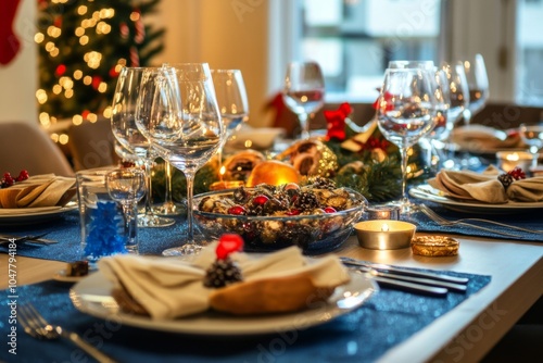 A festive Christmas dining table adorned with candles, pine branches, berries, and elegant tableware. A joyful setting for a holiday feast, with a blurred Christmas tree in the background.