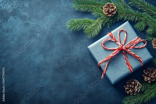 Christmas gift with a red and white candy cane ribbon, surrounded by pine branches and cones on a textured blue background. A festive and charming holiday-themed composition.