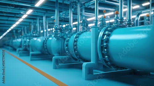 A modern industrial pipeline system featuring large, blue pipes and valves, set in a well-lit facility.