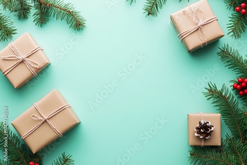 Gift boxes wrapped in natural brown paper, with pine cones and branches arranged on a mint green background. Perfect for minimalist holiday-themed banners or posters.