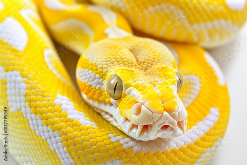 Madagascar Giant Hognose Snake displays its vibrant colors while coiled on a clean white surface highlighting its distinctive upturned snout and texture. photo