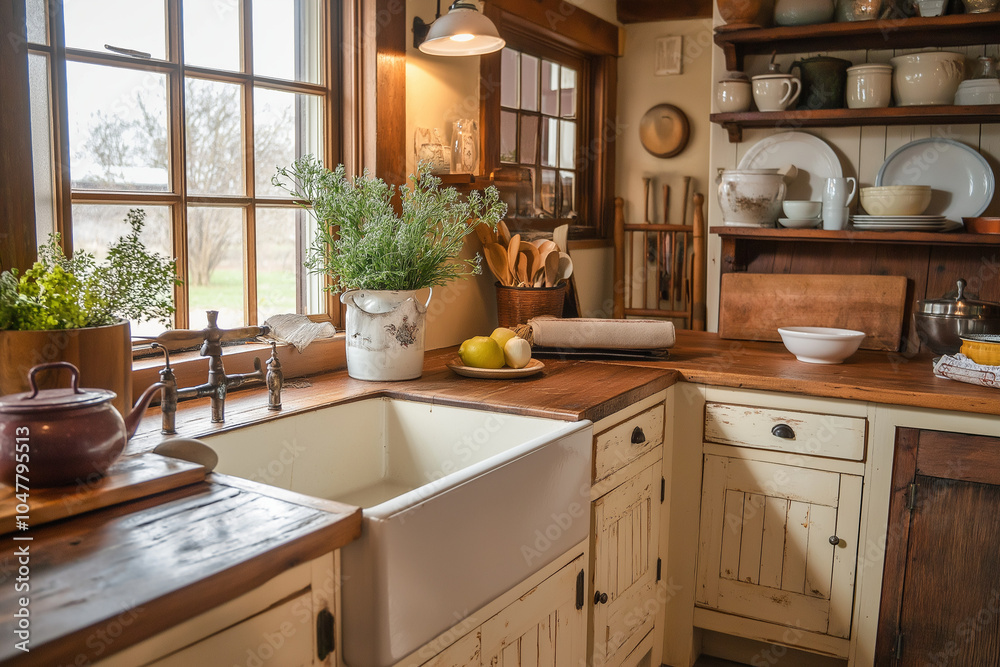 Fototapeta premium Wooden Cabinetry and Farmhouse Sink: Cozy Kitchen Radiates Rustic Warmth and Charm