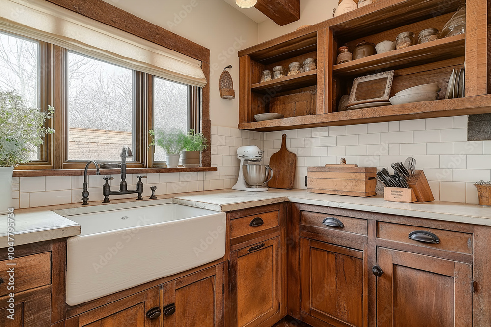 Fototapeta premium Wooden Cabinetry and Farmhouse Sink: Cozy Kitchen Radiates Rustic Warmth and Charm