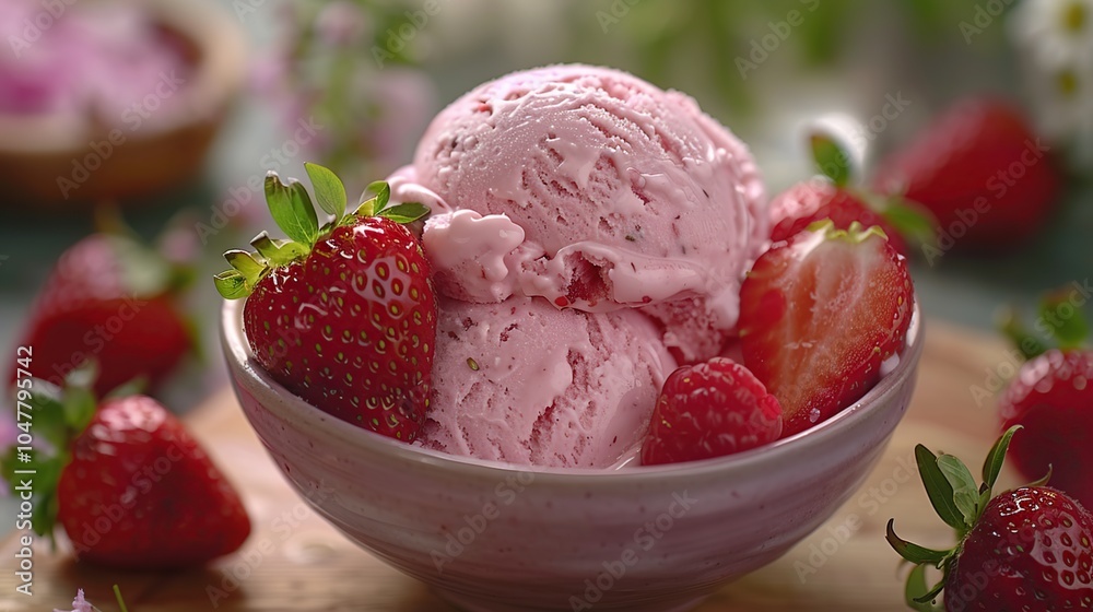 A bowl of strawberry ice cream with fresh strawberries on a wooden table. A bowl of strawberry ice cream with fresh strawberries on a wooden table.