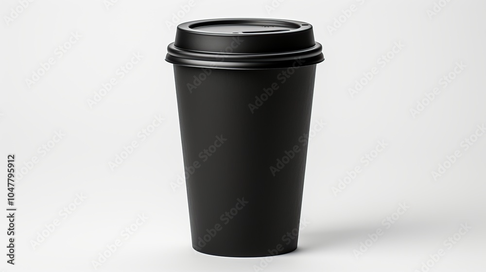 A black to-go coffee cup with a black lid on a white background. A black to-go coffee cup with a black lid on a white background.