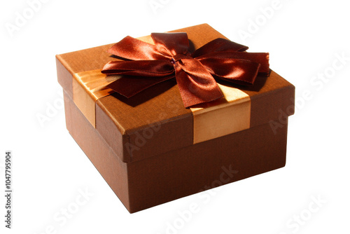Festive gift box made of cardboard with a beautiful ribbon of brown color on a white background, isolated. PNG