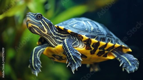 A close-up of a turtle swimming in a tank.