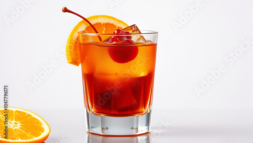 classic old fashioned cocktail with orange slice cherry and ice cube served in short glass isolated on transparent background photo