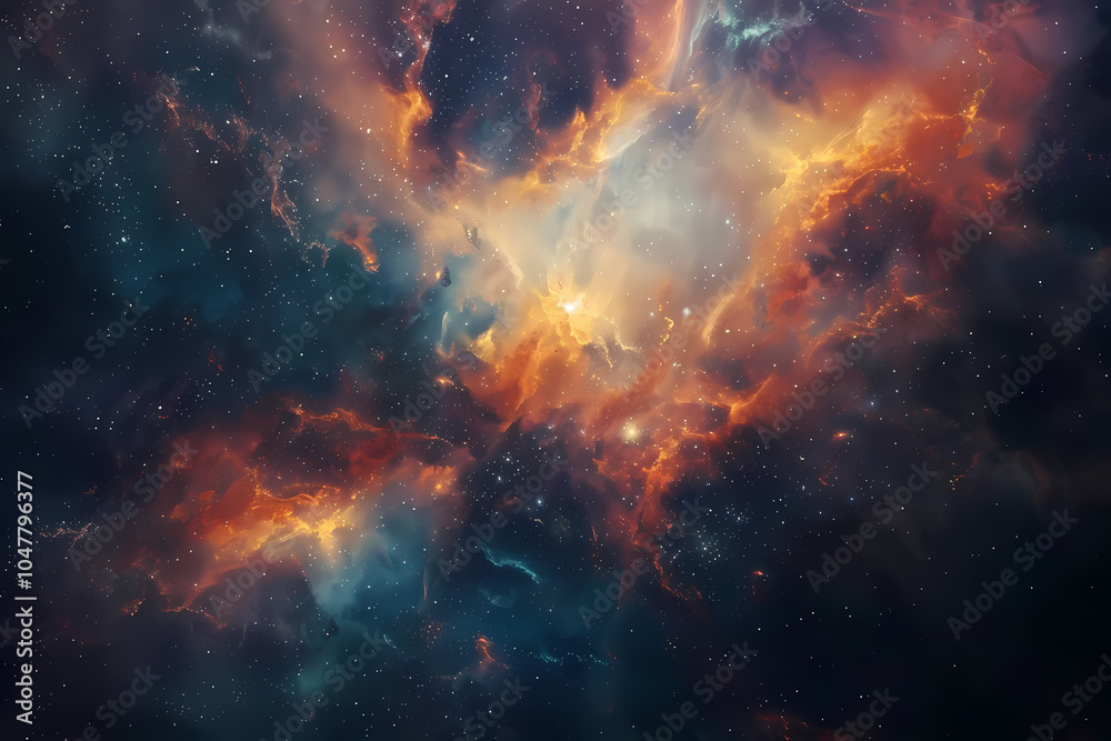 A stunning cosmic scene showcasing vibrant nebulae with shades of orange, blue, and purple against a starry background, evoking wonder and exploration.