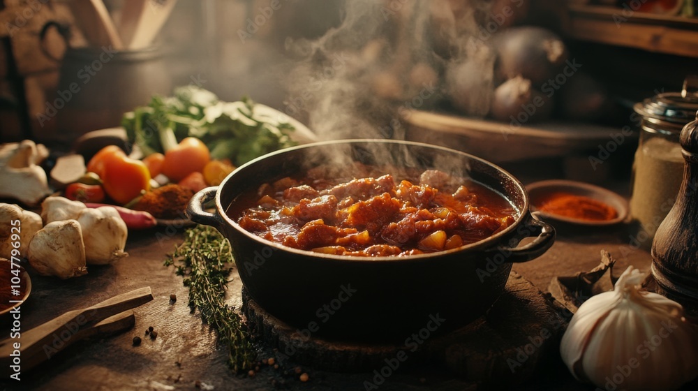 Hearty Stew Cooking in Rustic Kitchen Environment Hearty Stew Cooking in Rustic Kitchen Environment