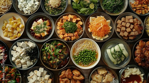 A variety of Asian dishes in bowls on a wooden table, including tofu, noodles, vegetables, and meat.