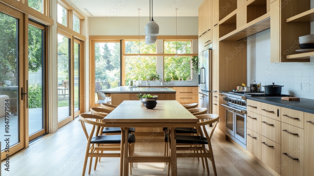 Fototapeta premium Modern kitchen with ample natural light and wood accents