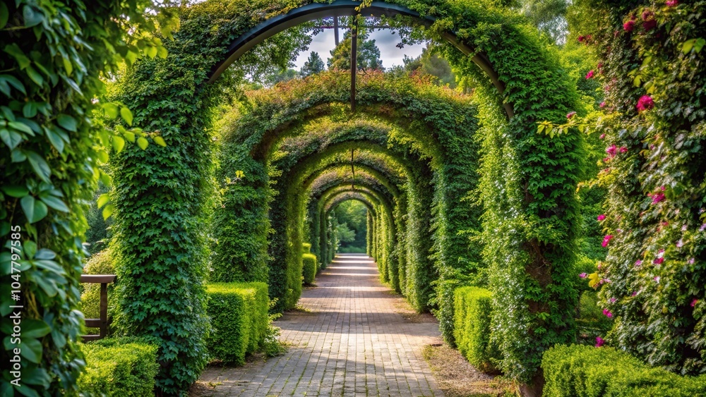 Symmetrical garden path and arch covered with climbing plants Symmetrical garden path and arch covered with climbing plants
