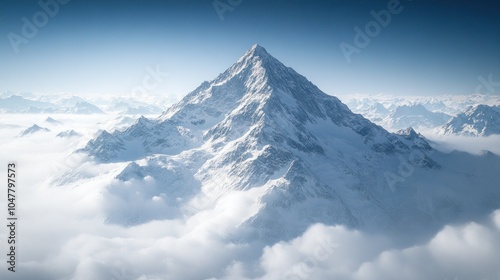 A snow-capped mountain peak rises above the clouds, with a clear blue sky in the background.