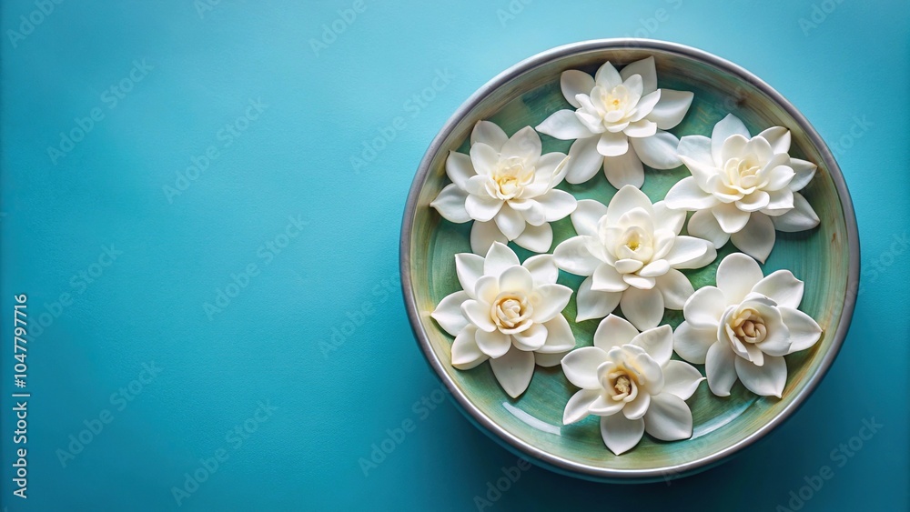 Symmetrical Gardenia flowers floating in a shallow bowl against a solid soft blue background Symmetrical Gardenia flowers floating in a shallow bowl against a solid soft blue background