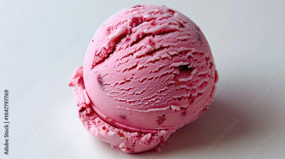 A single scoop of pink strawberry ice cream with visible bits of fruit on a white background.