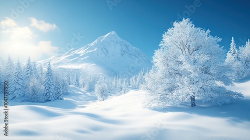 A snow-covered mountain peak rises above a frosty forest, bathed in sunlight.