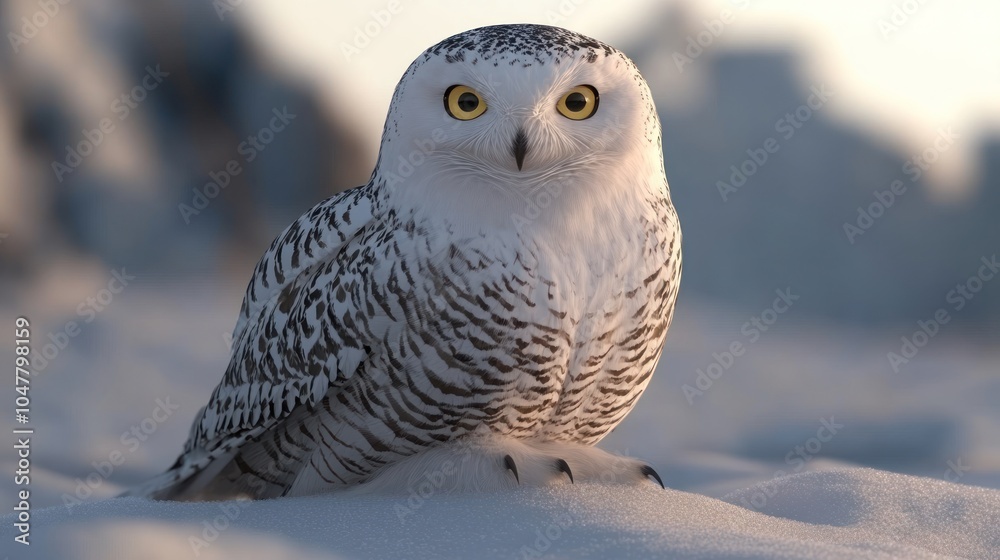 Fototapeta premium A snowy owl with yellow eyes perches on a snowdrift against a soft, blurred background.