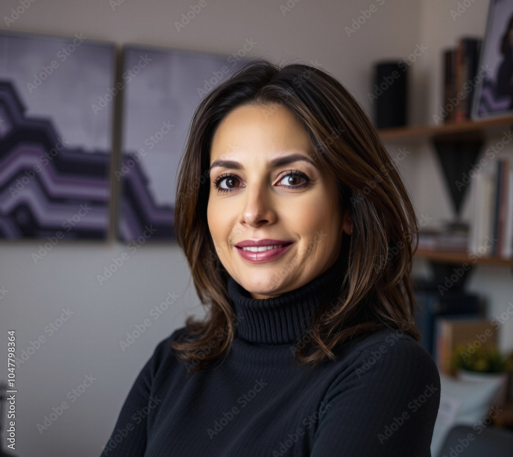 brunette woman in her 40s, streamlined sweater, executive assistant, professional light, abstract paintings brunette woman in her 40s, streamlined sweater, executive assistant, professional light, abstract paintings