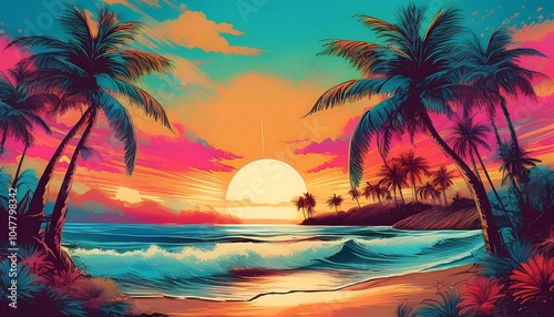 Lively summer collage of a beach at sunset with palm trees framing the horizon and waves gently crashing. Generative AI