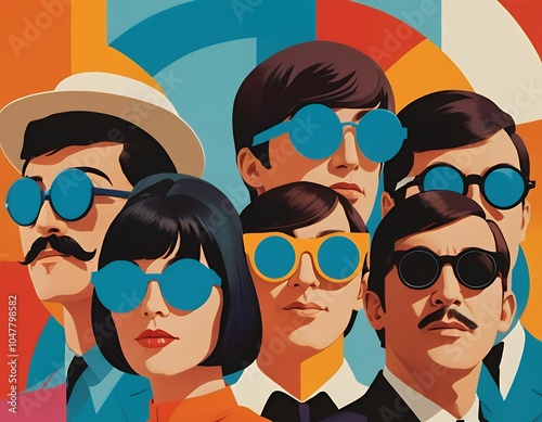 Groovy women and man in 70s style. People in hippie clothes and sunglasses take selfies at retro-style party. Colorful illustration