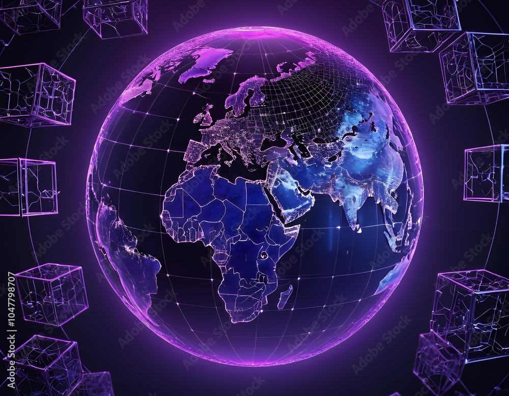 Fototapeta premium A futuristic blue and silver globe, hovering on a blank white canvas, with chains of luminous data blocks encircling it in a complex pattern, symbolizing the interconnected digital