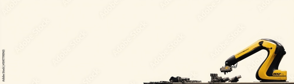 Yellow robotic arm picking up metal parts on a white background. Yellow robotic arm picking up metal parts on a white background.