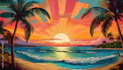 A vibrant summer sunset over the beach with palm trees illuminating the sky s colors and reflecting on the water. Generative AI