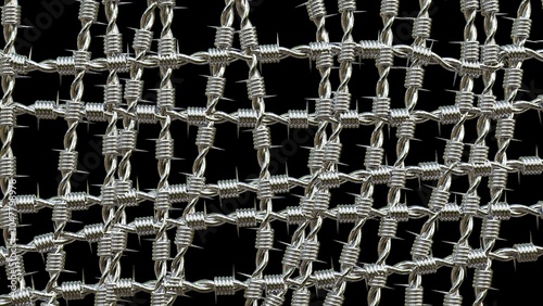 3D modeling steel shiny barbed wire fence images on deep black background. photo