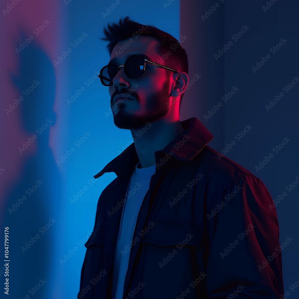 Fototapeta premium Man with red and blue light on a dark background with reflection