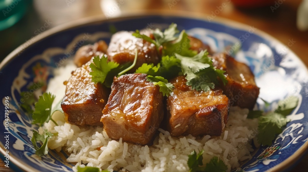 Flavorful Braised Meat Over Rice Garnished with Herbs Flavorful Braised Meat Over Rice Garnished with Herbs