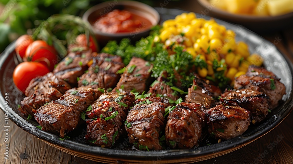 Grilled beef cubes with corn and tomato on a black plate. Grilled beef cubes with corn and tomato on a black plate.