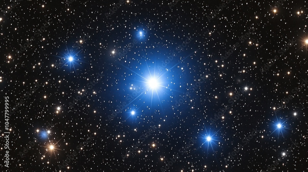A star cluster with a bright star in the center, surrounded by smaller stars.